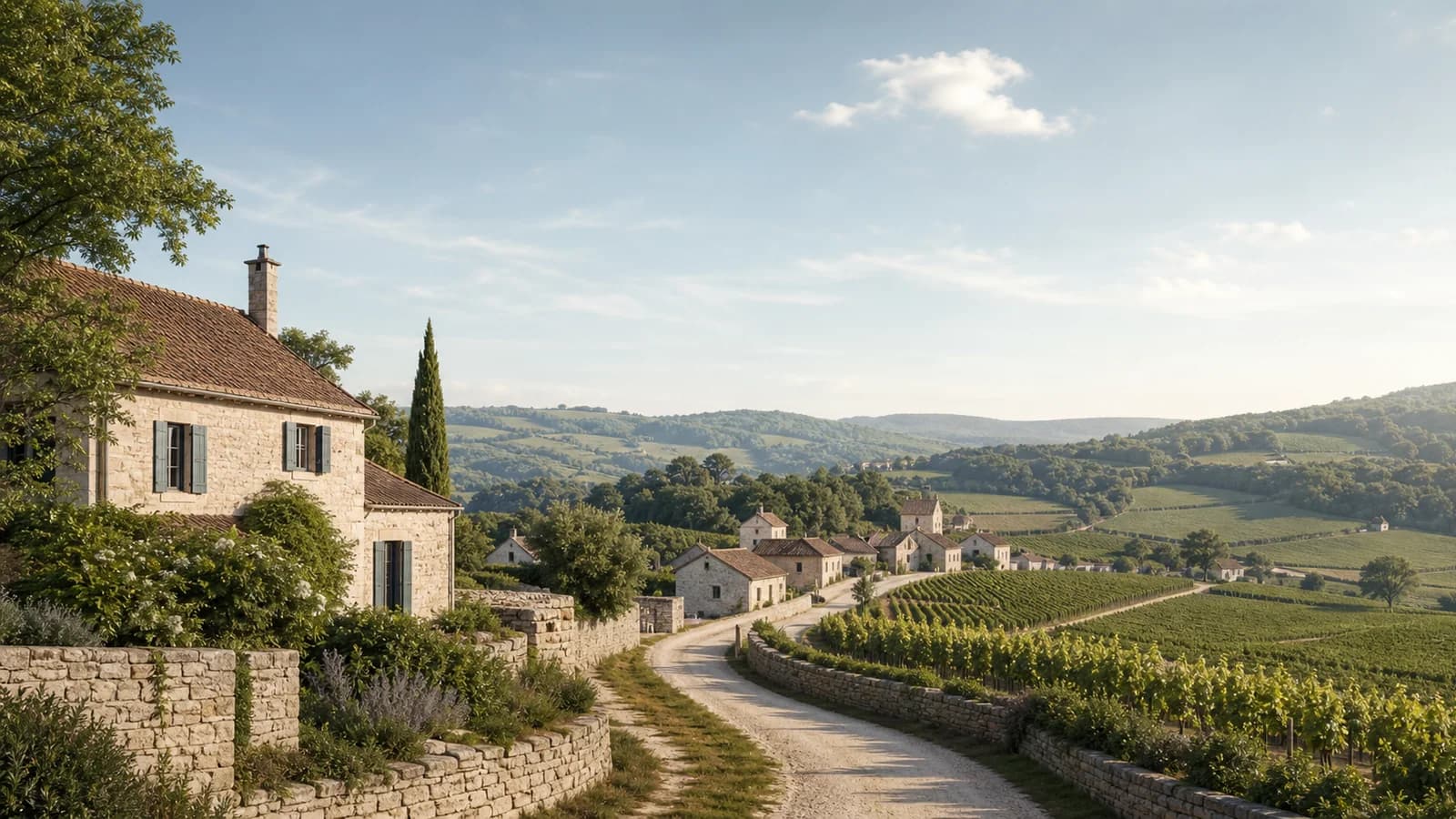 Paysage vallonné et village de Bourgogne dans la lumière du matin