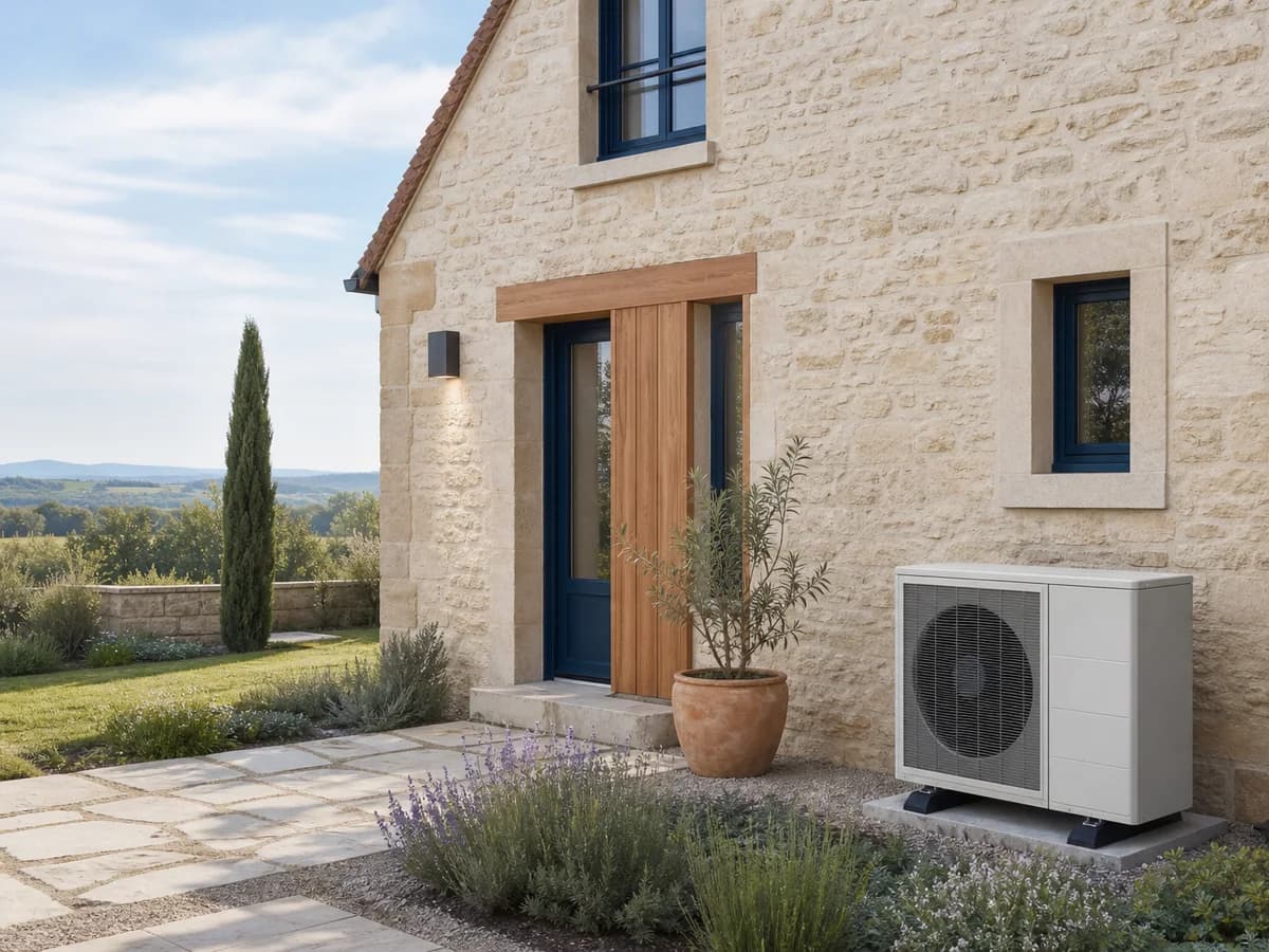 Pompe à chaleur installée près d’une maison en pierre en Bourgogne