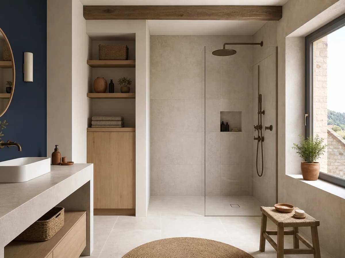 Salle de bain contemporaine rénovée avec douche, vasque et rangements